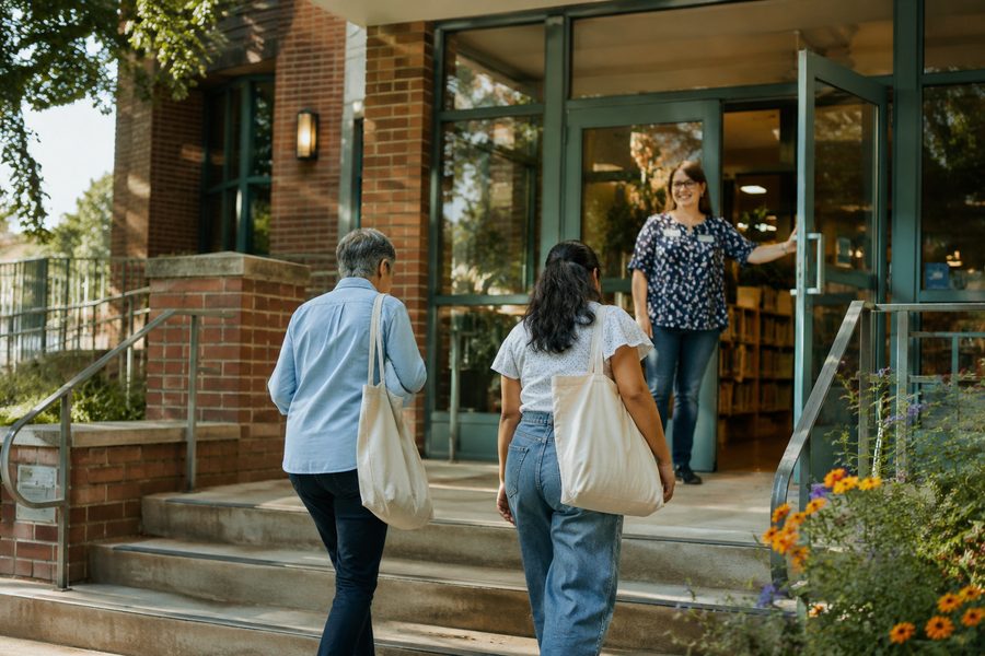 Two participants walk up the steps of the public library, greeted at the door by staff