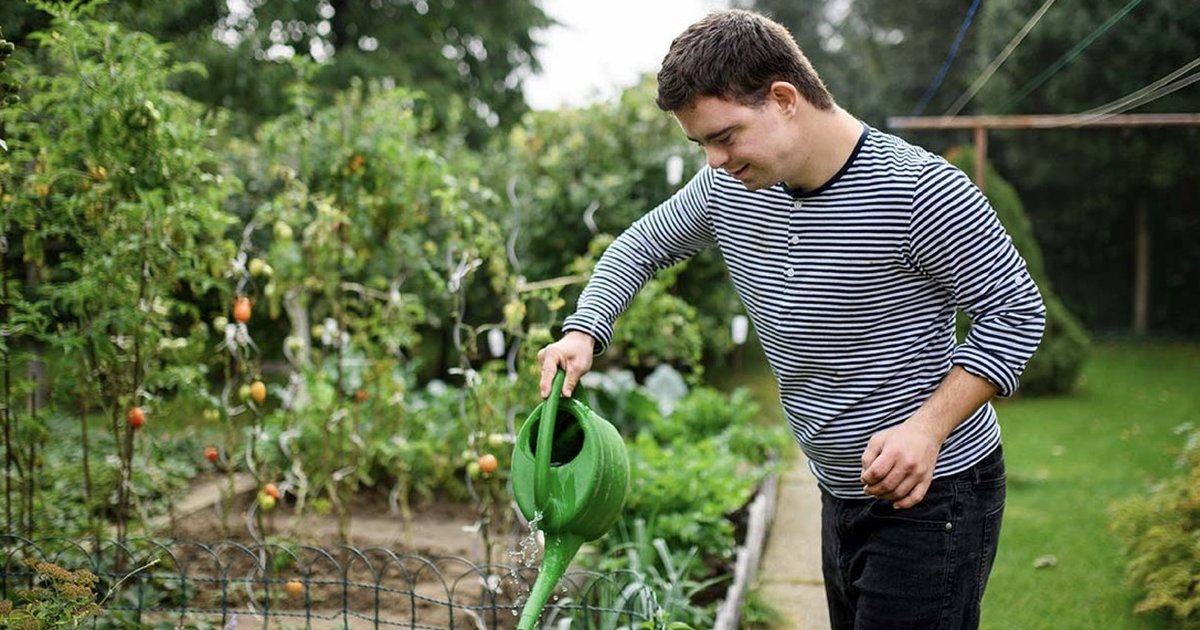 A participant waters tomato plants in the program garden